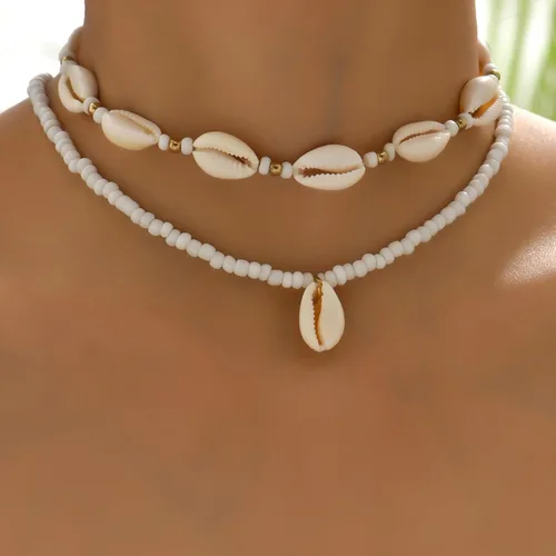Vista 2 de Nackiy Collar de concha marina hecho a mano para mujer, collar de concha natural ajustable de verano (cuerda trenzada beige)