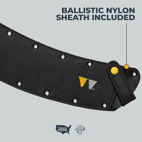 Vista 7 de Woodland Tools Machete resistente – Hoja curvada Parang de 16 pulgadas con espiga completa, mango ergonómico y funda de nailon balístico – Cortador