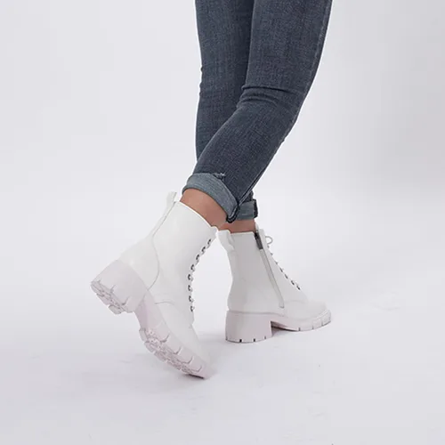 Vista 5 de GENSHUO Botas de combate para mujer - Botines de tacón bajo con cordones y cremallera