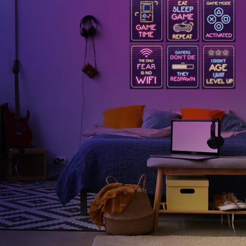 Vista 5 de Póster de 6 videojuegos – Póster impreso de neón para juegos, citas de jugadores, arte y decoración de neón para dormitorio, palabras inspiradoras