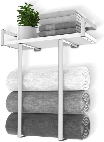 Vista 11 de Xstydes Toalleros para baño, toallero de metal con cesta de almacenamiento, toallero de pared para toallas enrolladas, almacenamiento de toallas
