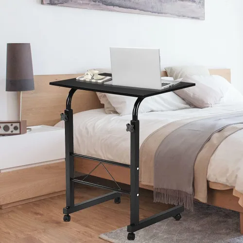 Vista 2 de Carrito de escritorio para computadora móvil, mesa para laptop de altura ajustable con ruedas, soporte rodante, mesa auxiliar para sofá, cama Negro