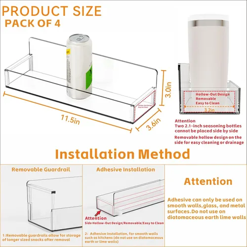 Vista 3 de Yieach Paquete de 4 soportes de pared transparentes para especias con adhesivo, 11.5 pulgadas de largo x 3.6 pulgadas de ancho, organizador