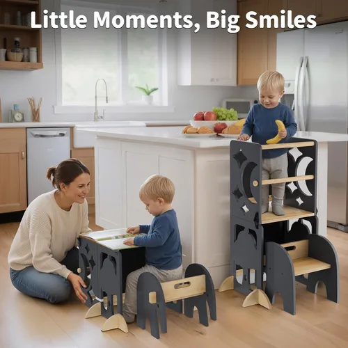 Vista 9 de COSYLAND - Taburete de cocina 4 en 1 para niños pequeños Elefante gris y natural