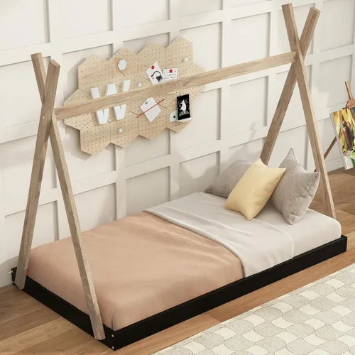 Vista 6 de Cama de madera con dosel de casa de tamaño individual con valla triangular, base de cama individual para dormitorio, niños, niñas, adolescentes