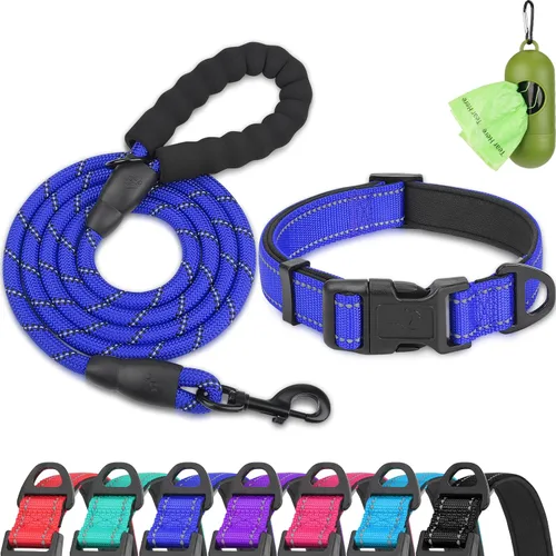 Vista 12 de Dynmeow - Juego de collar y correa reflectante para perro, correa de cuerda de escalada resistente de 6 pies con mango acolchado, collar ajustable