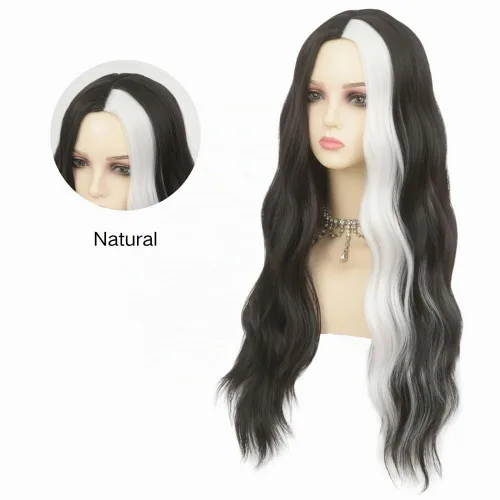 Vista 4 de Pelucas largas rizadas y onduladas de Dai Cloud, con cabello negro y reflejos blancos, de pelo sintético, resistente al calor, para mujer, para uso