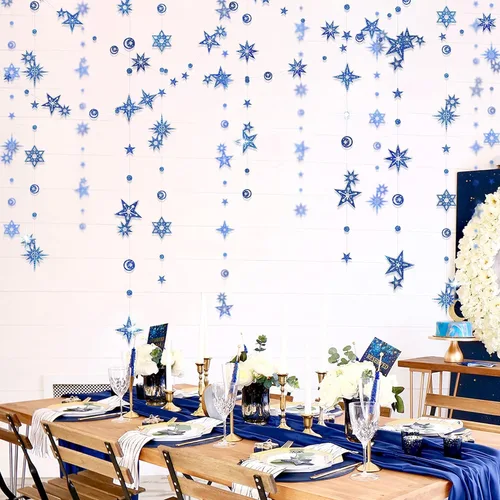 Vista 5 de Cheerland Guirnalda de Purpurina de Estrella y Luna Azul Decoraciones de Fiesta País de las Maravillas Invernal Baby Shower Serpentinas al Aire