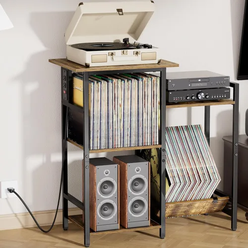 Vista 8 de HYPIGO Soporte para tocadiscos con tomas de corriente, soporte para tocadiscos con almacenamiento de discos de vinilo con capacidad para más de 300