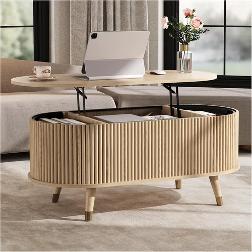 Vista 11 de SULIVES Mesa auxiliar ovalada con almacenamiento, mesa de centro multifuncional con tambor elevable, pequeña mesa central acanalada para sala