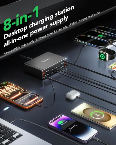 Vista 2 de Cargador retráctil 8 en 1 para múltiples dispositivos, estación de carga de 105 W con cables retráctiles, cargador USB C enchufe de pared GaN Usbc