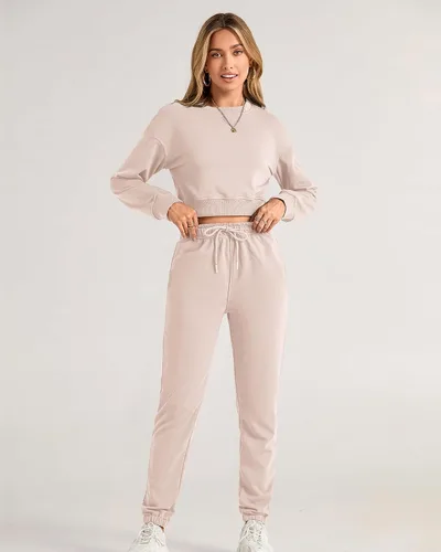Vista 57 de BTFBM Conjunto deportivo de 2 piezas para mujer, camiseta corta de manga larga, sin botones, pantalón con cordón ajustable, pantalones deportivos