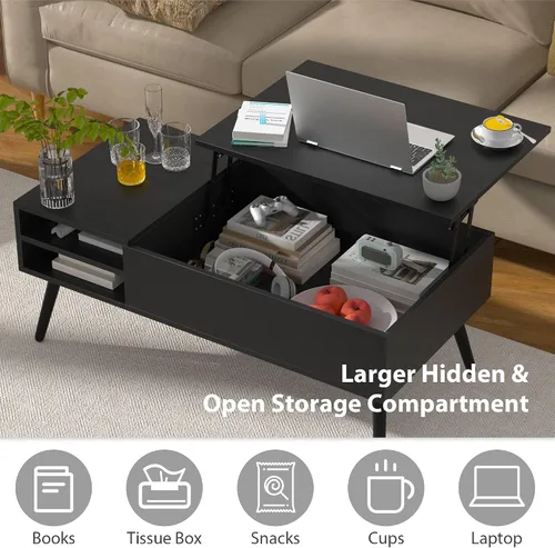 Vista 4 de Mesa de centro moderna con tapa elevadora con almacenamiento oculto para sala de estar, mesa de piso con elevador, mesa central de madera