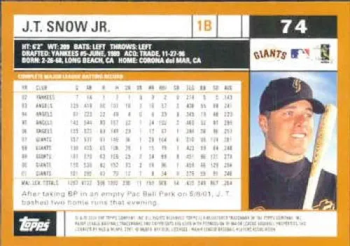 Vista 2 de 2002 Topps Series 1 Baseball #74 J.T. Snow San Francisco Giants Official MLB Trading Card