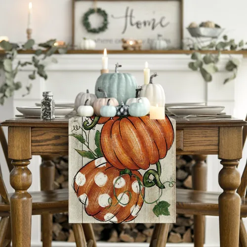 Vista 2 de Artoid Mode Camino de mesa de otoño de madera de vid de 210 GSM, diseño de lunares, decoración de mesa de comedor de cocina de otoño para decoración