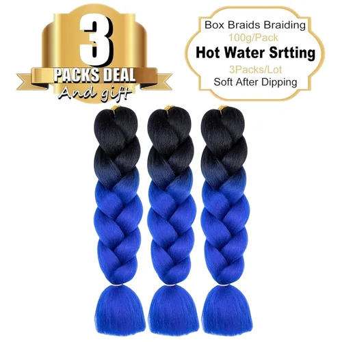 Vista 2 de 3 paquetes de extensiones de cabello sintético para trenzar de color negro a azul, tamaño jumbo ombré, de 24 pulgadas o trenzas de ganchillo