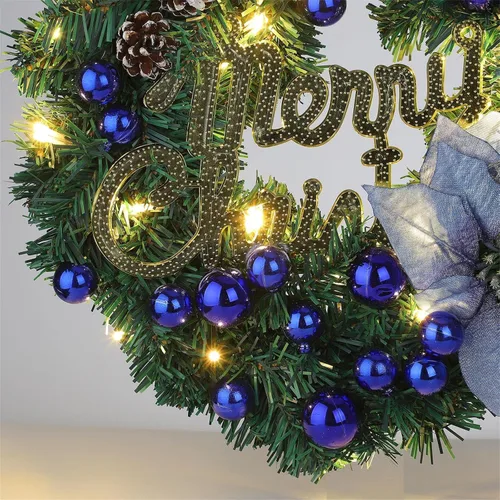 Vista 4 de Corona de Navidad artificial preiluminada, corona de Navidad iluminada al aire libre para puerta delantera, corona de Navidad colección de Navidad