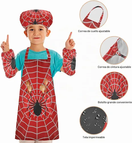 Vista 4 de Juego de delantales, sombrero de chef y delantal rojo de telaraña de Halloween (3-12 años)