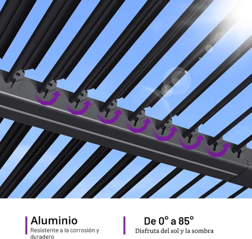 Vista 8 de PURPLE LEAF Pérgola con listones 92KS de 8 x 10 pies con tira LED regulable solar integrada, techo ajustable de aluminio a prueba de lluvia