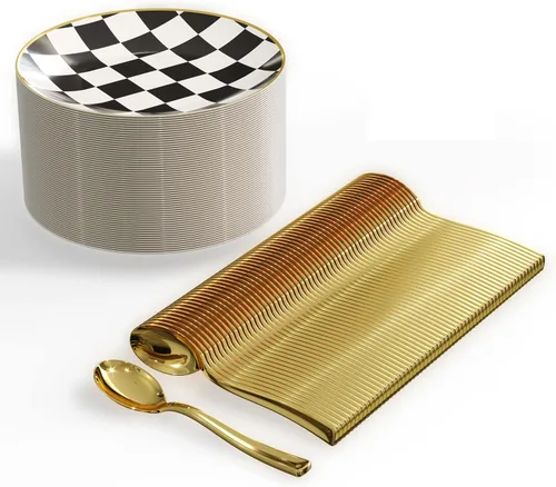Vista 2 de Trendables Mini platos de postre desechables con cucharas de oro I 120 PCS I Sirves 60 Personas I Platos pequeños a cuadros con gol cuadriculado