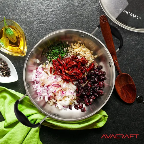 Vista 4 de AVACRAFT Sartén de Acero Inoxidable 18/10 para Uso Diario, Sartén Wok con Base de Cinco Capas, Sartén de Chef con Tapa de Vidrio, Sartén Multiusos