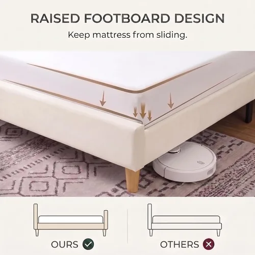 Vista 6 de Cama de plataforma tapizada de terciopelo Queen con cabecera con respaldo de alas, color crema Canal vertical acolchonado, listones de madera