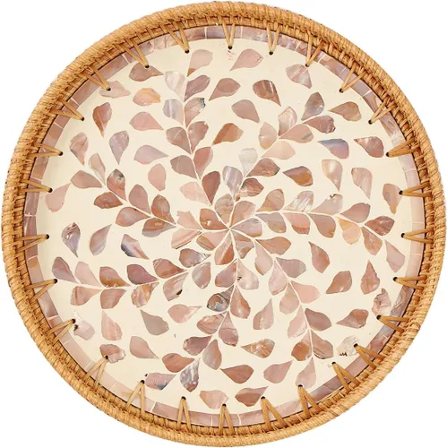Vista 11 de Kmelep Bandeja redonda de ratán con incrustaciones de madreperla, bandeja de ratán con base de madera, cesta decorativa de mimbre para decoración