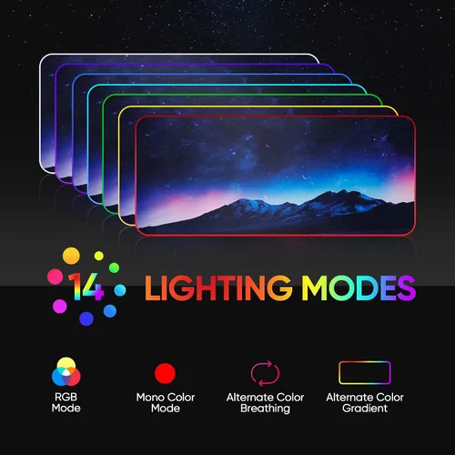 Vista 2 de Alfombrilla de mouse para juegos RGB, Galaxy Space extendida, grande, suave, con 14 modos de iluminación, alfombrilla impermeable para teclado