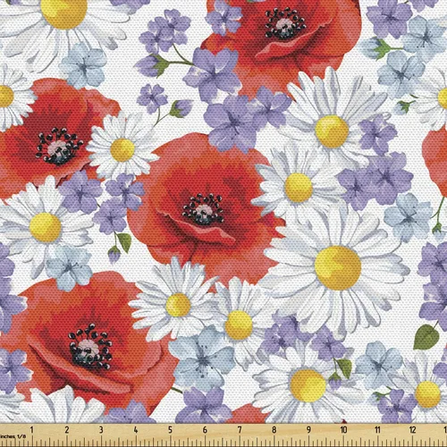 Vista 34 de Ambesonne Tela para Amantes de los Perros por Yarda, Perro Salchicha de Dibujos Animados Dachshund Cachorro con Pijamas a Rayas Flores y Mariposas