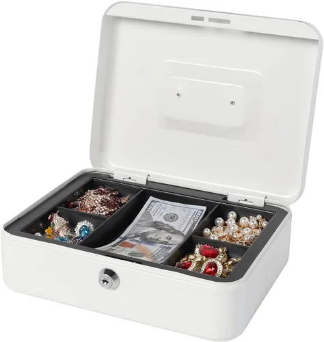 Vista 6 de Caja de dinero con bandeja de dinero y cerradura, caja de dinero de metal para efectivo, caja de seguridad 9.84 x 7.87 x 3.54 pulgadas, color blanco