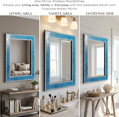 Vista 3 de Espejo de pared de mosaico de vidrio agrietado turquesa de 30 x 24 pulgadas, espejo de pared rectangular decorativo hecho a mano, colgante