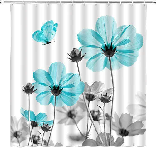 Vista 9 de Cortina de ducha floral azul y gris, planta rústica, retro, margarita, abstracta, elegante, natrue de tela con ganchos