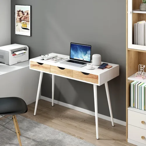 Vista 6 de Need Escritorio blanco con escritorio de almacenamiento, mesa de tocador, escritorio de computadora moderno con 3 cajones, mesa de tocador