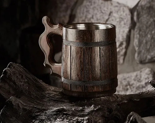 Vista 6 de Taza de madera hecha a mano de 20 onzas, taza de acero inoxidable tallada de cerveza natural, color marrón antiguo, taza de cerveza tallada