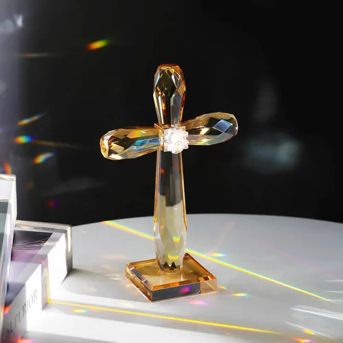 Vista 7 de YWHL Cruz de pie de cristal champagne, regalos religiosos para mujeres y hombres, figuras coleccionables de cruz de Pascua de vidrio hechas a mano