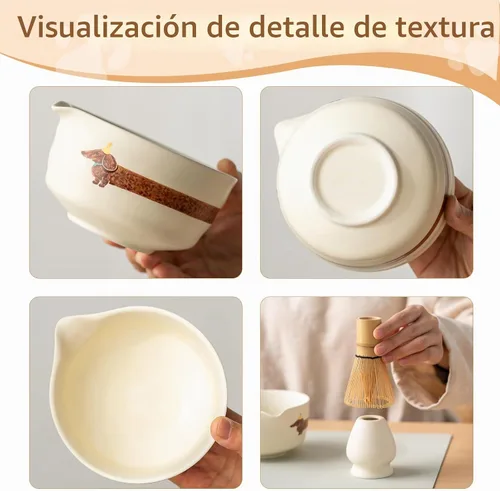 Vista 6 de Juego de matcha con patrón de perro, juego de batidor japonés de matcha incluye cuenco de matcha con boquilla, soporte para batidor, batidor