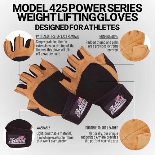 Vista 4 de Schiek 425 Power Series - Guantes de levantamiento de pesas para hombre con soporte para muñeca
