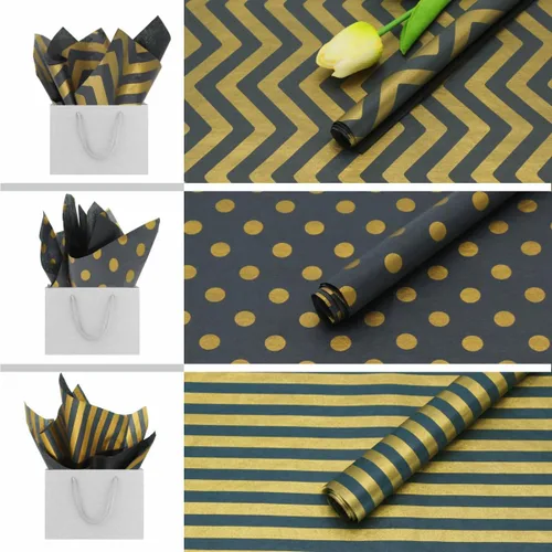 Vista 5 de PMLAND Papel de seda de alta calidad para envolver regalos, color negro metálico dorado con rayas zigzag, 20 x 14 pulgadas, 60 hojas