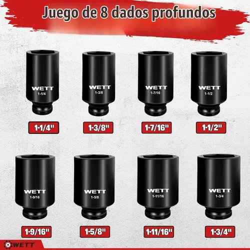 Vista 2 de WETT 1/2" Drive Juego de llaves de impacto profundo de gran tamaño, 8 piezas de tuercas de eje de husillo, juego de llaves grandes estándar SAE de 6