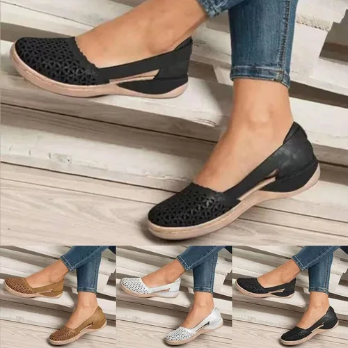 Vista 4 de Liaoruay Sandalias de punta cerrada para mujer, cómodas y bonitas, zapatos planos para mujer, zapatos casuales de verano con huecos, sandalias