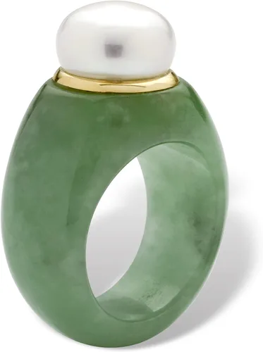 Vista 2 de Anillo redondo de oro amarillo de 10 quilates con perlas cultivadas de agua dulce (0.433 in) y jade verde