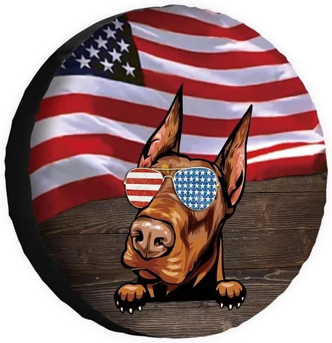 Vista 20 de Cubierta de neumático de repuesto para perro salchicha con gafas de sol con bandera de Estados Unidos, fundas protectoras de ruedas a prueba