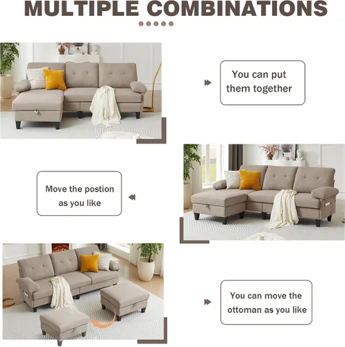 Vista 5 de Sofá modular convertible de 84 pulgadas, moderno sofá pequeño en forma de L de tela de lino con diván reversible, sofá de 3 asientos para sala