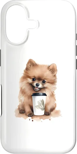 Vista 32 de iPhone 16 Pomerania perro con café estilo acuarela caso