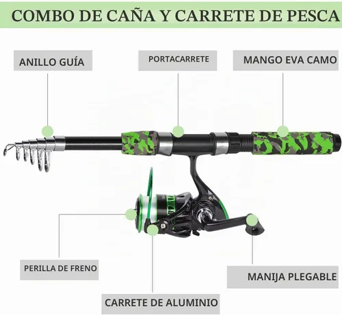 Vista 5 de Kit de caña de pescar Tripquips, juego de cañas telescópicas de 2.1m, juego de 2 cañas plegables con carretes giratorios y bolsa de transporte, kits