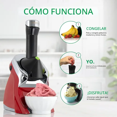 Vista 5 de Yonanas 988RD Deluxe - Máquina Vegana, Sin Lácteos, de Helado Suave de Frutas Congeladas, Incluye 75 Recetas, 200 W, Color Rojo