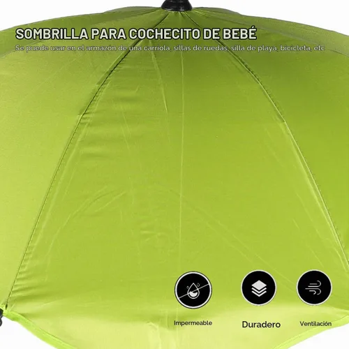 Vista 6 de Garneck Paraguas para cochecito con abrazadera ajustable, protección UV para cochecito de bebé, cochecito de bebé, parasol verde con clip