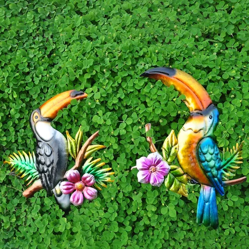 Vista 5 de Tuokiuhn Decoración de pared de tucán de metal, pájaro tropical, arte al aire libre