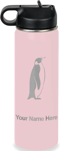 Vista 28 de LaserGram Botella de agua personalizada, pingüino, acero inoxidable de doble pared aislada al vacío con popote superior, regalo grabado