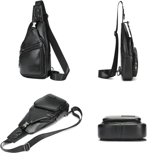 Vista 3 de Leather Sling Bag Hiking Daypack for Men Women Outdoor Travel Camping Fishing Business Crossbody Shoulder Chest Pack